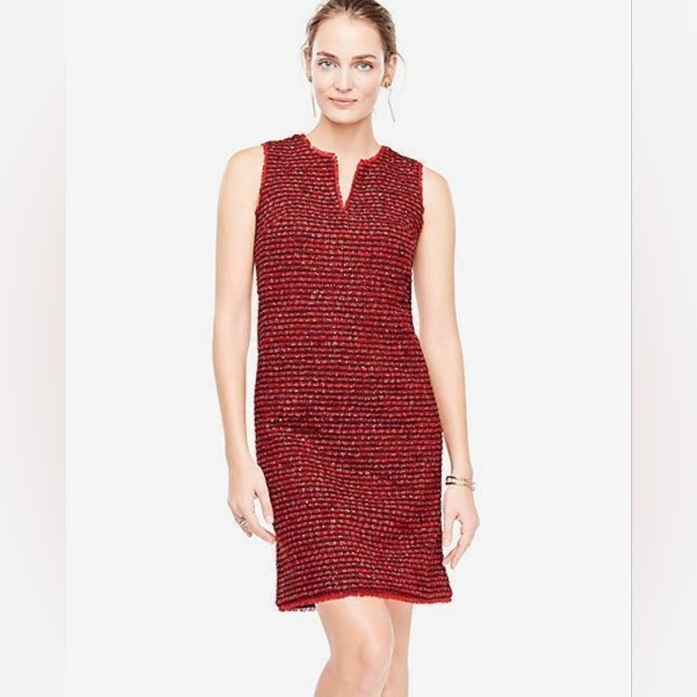 Ann Taylor Women's Red Black Multi Fringe Tweed Shift Dress Size 4 $149